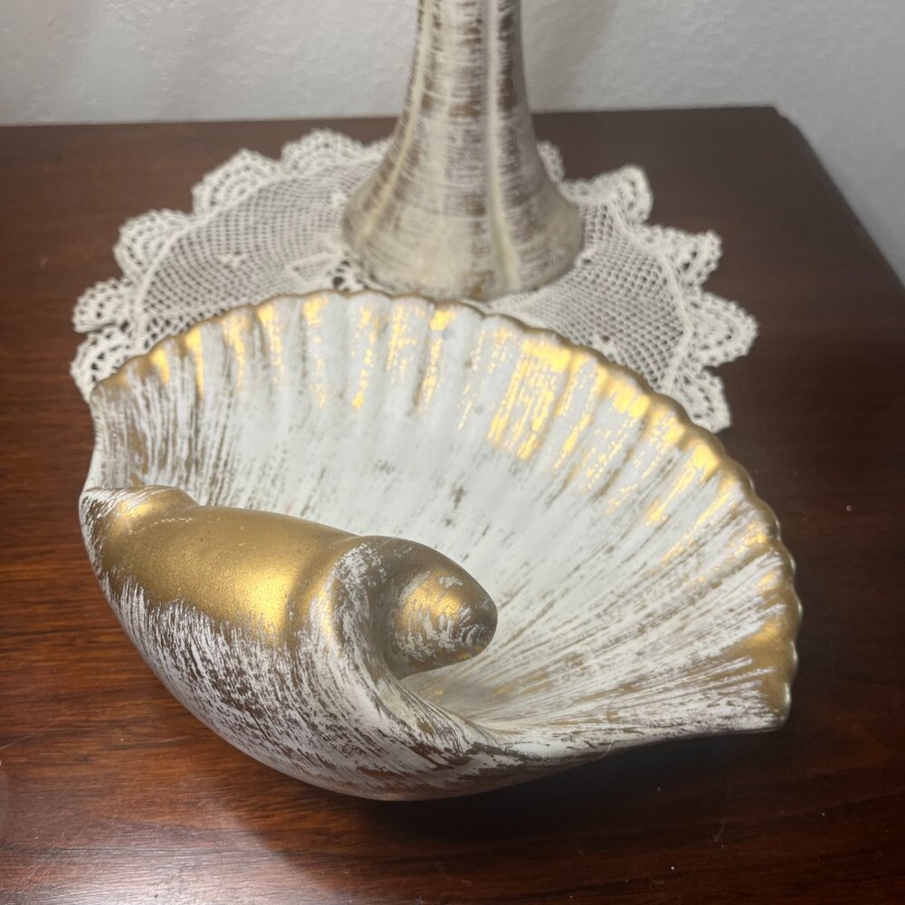 Vintage MCM Two Piece Royal Haeger 22K Gold Tweed Candle Holder and Shell Dish - Picture 5 of 11